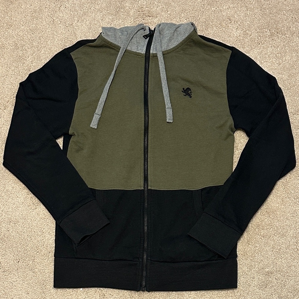 Express Olive and Black Zip Hoodie Sweater with Gray Hood
